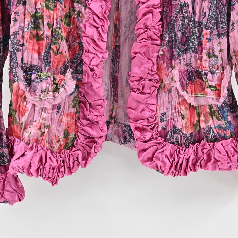 Vtg FANTAZIA Womens Velvet Jacket Size M Pink Floral Paisley Crinkle Ruffle Y2k - Picture 9 of 11